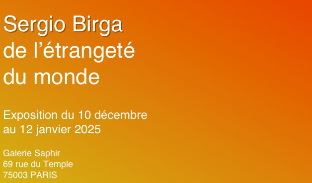 
Sergio Birga
de l’étrangeté
du monde

Exposition du 10 décembre  au 12 janvier 2025

Galerie Saphir
69 rue du Temple
75003 PARIS